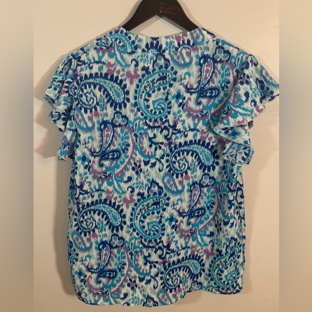 Boho Paisley Flutter Sleeve V-Neck Blouse Top Blue Pink Size Large - Picture 3 of 8